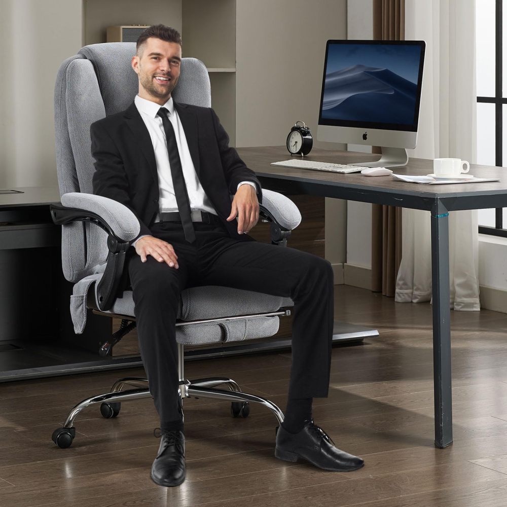 Massage Executive Office Chair | Heat + 6 Vibration Points + 8 Massage Modes | 90°–135° Reclining Backrest | Retractable Footrest | Padded Armrests + Thickened Headrest | 400 lbs Capacity | Easy Assembly | Gray/Black