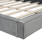 Queen Size Velvet Upholstered Platform Bed | Fully Wrapped Low Profile Frame | Solid MDF & Particle Board | No Box Spring Needed | Easy Assembly | Gray / Beige