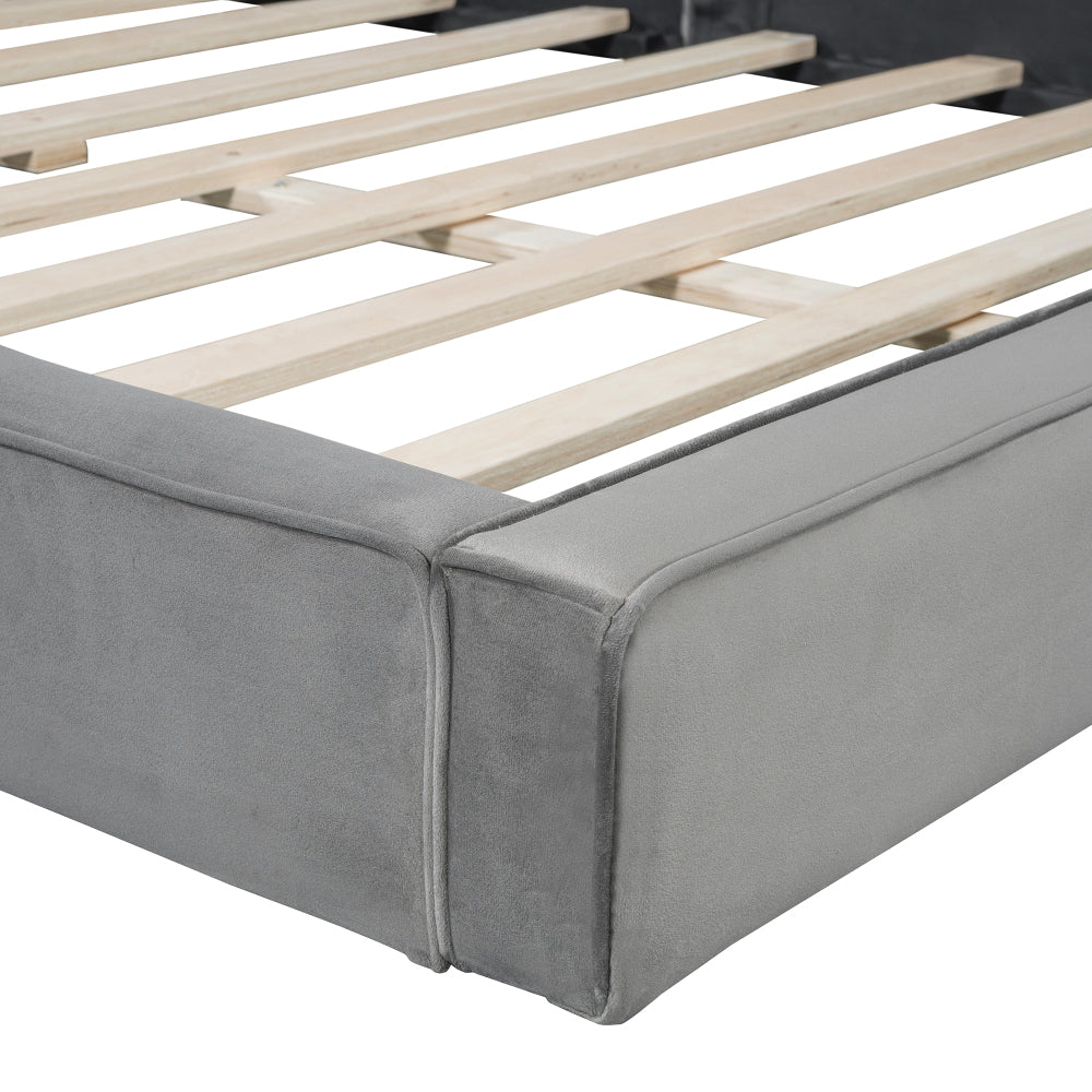 Queen Size Velvet Upholstered Platform Bed | Fully Wrapped Low Profile Frame | Solid MDF & Particle Board | No Box Spring Needed | Easy Assembly | Gray / Beige