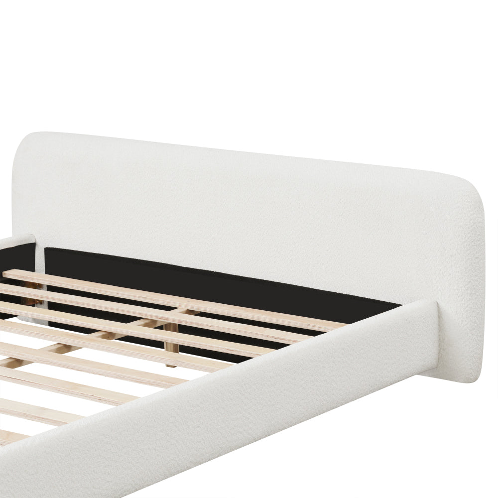 White Boucle Upholstered Low Profile Platform Bed | Birch & Engineered Hardwood Frame | 400-600 lbs | No Box Spring Needed | Full / Queen / King
