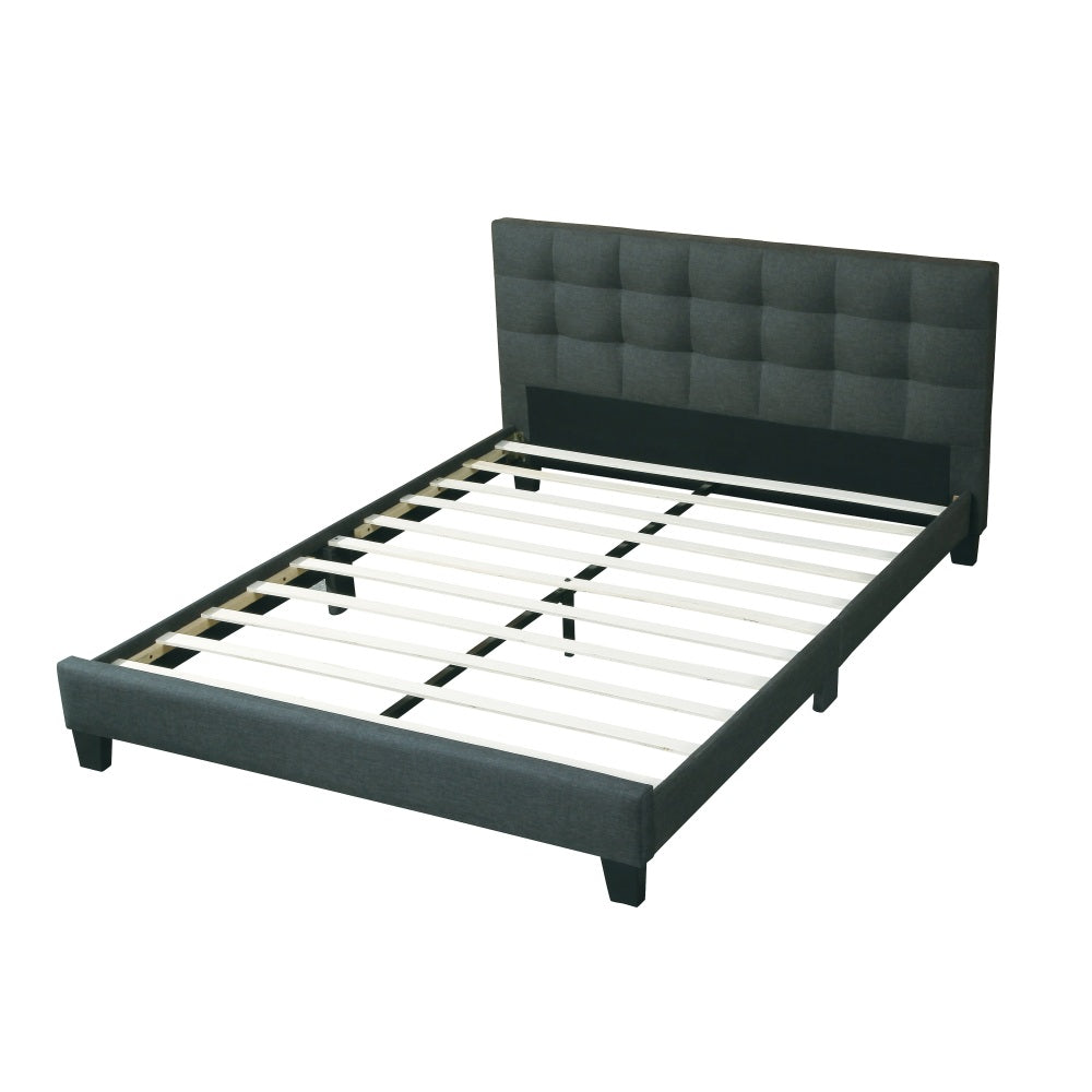 Queen Size Upholstered Platform Bed | Square Tufted Linen-Like Polyfiber Headboard | Particle Board & Rubberwood Frame | Footboard Included | No Box Spring Needed | Charcoal / Gray
