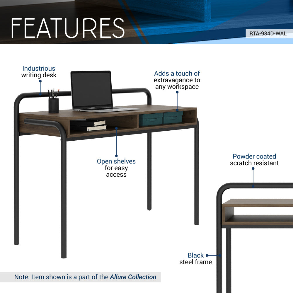 45.8" Modern Classic Writing Desk | Woodgrain Walnut MDF Top | Powder-Coated Steel Frame | 2 Under-Desk Open Shelves | Industrial Style | Part of Allure Collection | Home Office, Study Room | Walnut