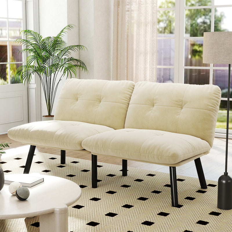 63" Convertible Folding Sofa Bed | 2-Seat Velvet Upholstered Couch | Adjustable Multi-Angle Backrest | Sofa, Lounger & Twin Bed | Metal Frame | 800 lbs Capacity | Easy Assembly | Living Room, Apartment | Cream/Aqua Gray/Brown