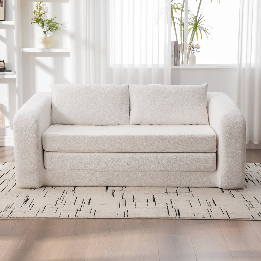 71" 2-in-1 Pull Out Foldable Loveseat Sofa Bed | Chenille Boneless Cloud Floor Mattress | Round-Edge Armrests + 2 Matching Pillows | High-Density Foam | Waterproof Anti-Slip Base | No Assembly Required | Living Room, Bedroom, Dorm | Ivory/Gray/Orange