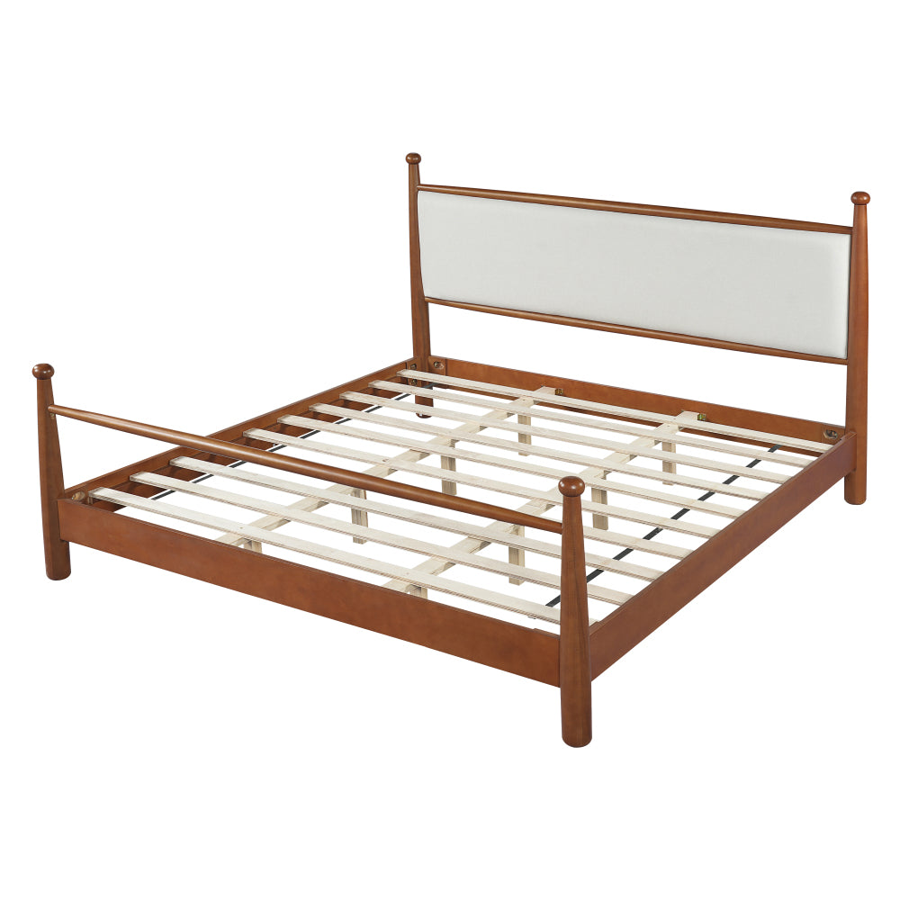 Queen/King Size Solid Poplar & Plywood Platform Bed | Soft Upholstered Headboard & Footboard | Quiet Slat Support System | Airflow Open Base | No Box Spring Needed | Easy Assembly | Beige/Walnut
