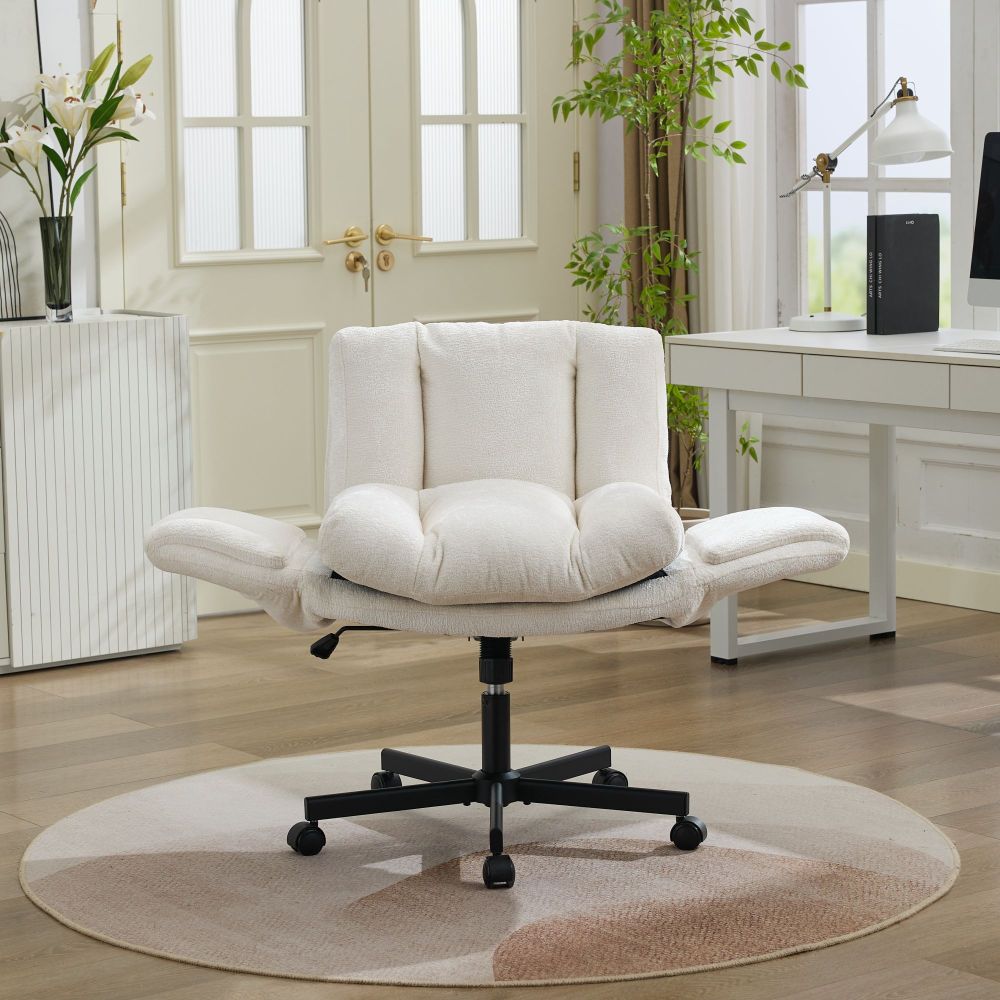 Modern Chenille Swivel Office Chair | Height Adjustable Task Chair | Double-Layer Cushioned Seat & Back | Convertible Multi-Position Flip-Up Armrests | Heavy-Duty 5-Star Base | Home Office, Study, Vanity, Living Room | Beige/Pink