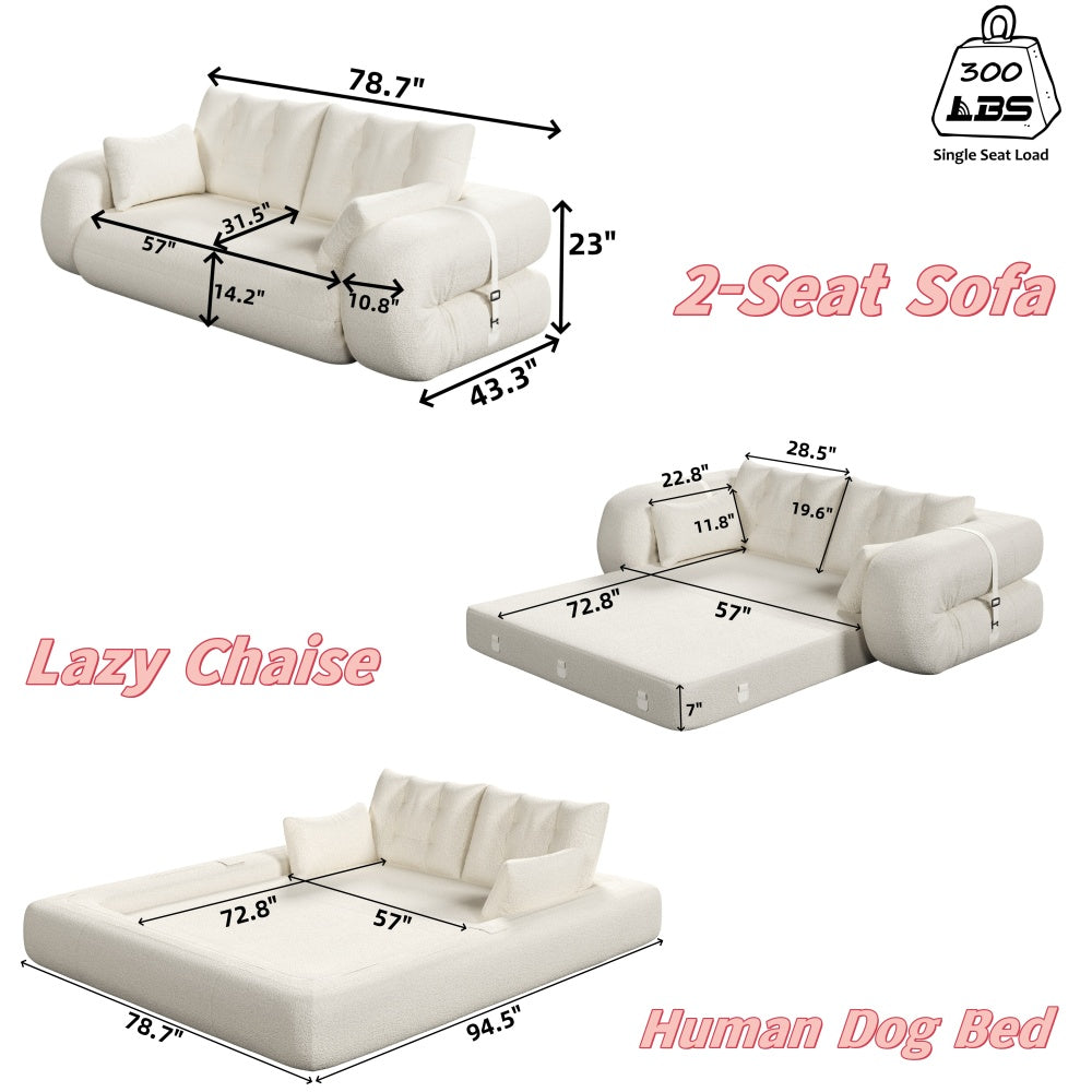 78.7" 3-in-1 Foldable Floor Sofa Bed | Teddy Fabric | High-Density Foam | Non-Slip Bottom | Headrest & Lumbar Pillow | Sofa / Lounge / Bed Convertible | Beige/Green/Gray/Pink/Black/Dark Blue/Brown