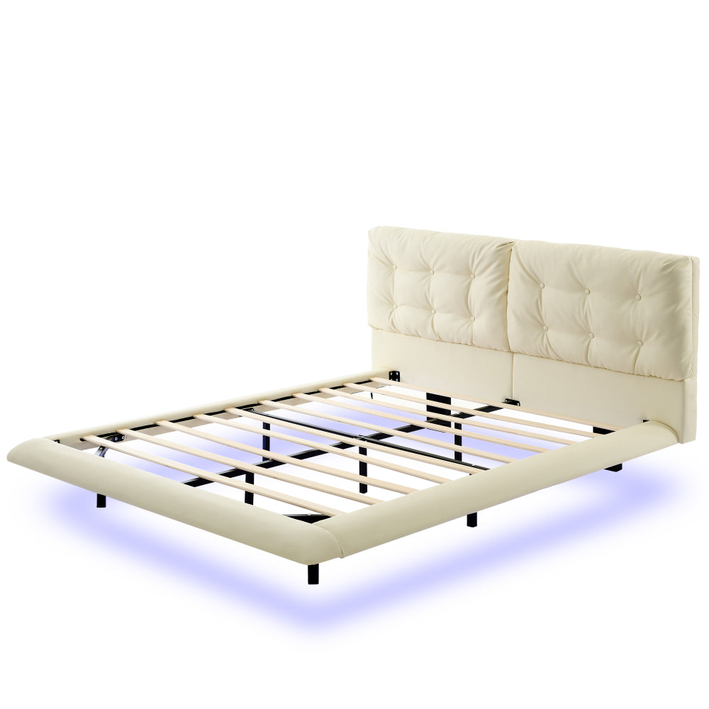 Queen Size PU Leather Floating Platform Bed | Button Tufted Segmented Headboard | Remote-Controlled LED Light Strip 6 Colors | 800 lbs | Hidden Leg Design | No Box Spring Needed | Pink / White / Khaki