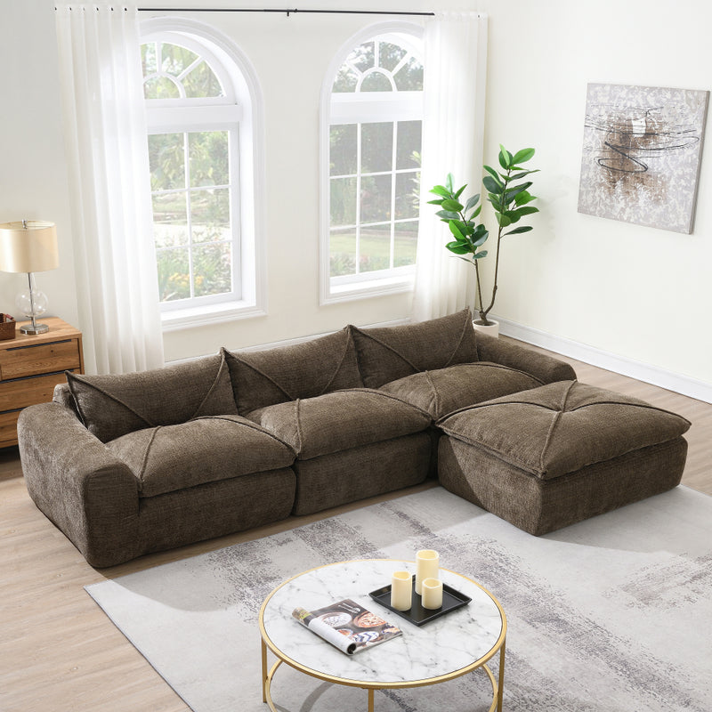 116" Fully Compressed 4-Seat Chenille Sectional Sofa | Integrated Backrest & Seat Cushion | Free Movement Ottoman | Decorative Edging | Legless Low-Profile Design | No Assembly Required | Living Room, Apartment | Brown/White/Green/Orange