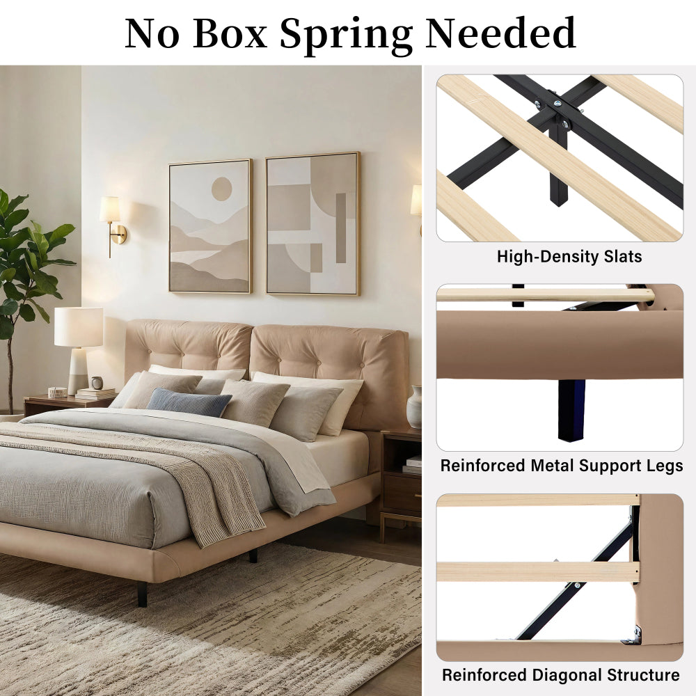 Queen Size PU Leather Floating Platform Bed | Button Tufted Segmented Headboard | Remote-Controlled LED Light Strip 6 Colors | 800 lbs | Hidden Leg Design | No Box Spring Needed | Pink / White / Khaki