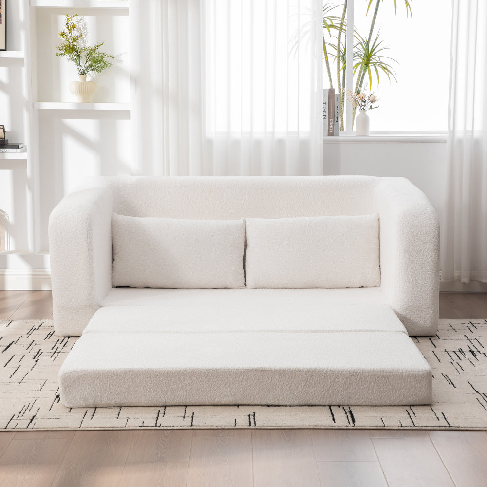 71" 2-in-1 Pull Out Foldable Loveseat Sofa Bed | Chenille Boneless Cloud Floor Mattress | Round-Edge Armrests + 2 Matching Pillows | High-Density Foam | Waterproof Anti-Slip Base | No Assembly Required | Living Room, Bedroom, Dorm | Ivory/Gray/Orange