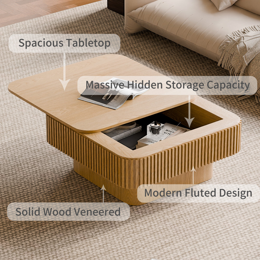 31.5" Square Coffee Table with Hidden Storage | Solid Wood Veneer + MDF | Lacquered Surface | Sleek Modern Silhouette | Easy Assembly | 200 lbs Top Capacity | Living Room, Bedroom, Office | Natural Wood/Walnut/Black
