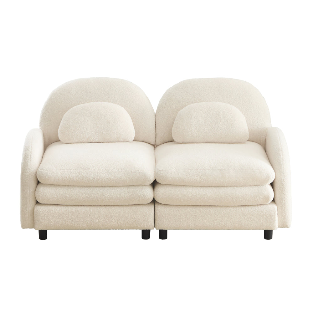 2-Seat Modular Teddy Fabric Cloud Sofa | Curved Backrest & Armrest | Double-Layer Cushion | Vintage Color Options | Precision Screw Connectors | Easy Assembly | Beige White / Green / Orange / Caramel