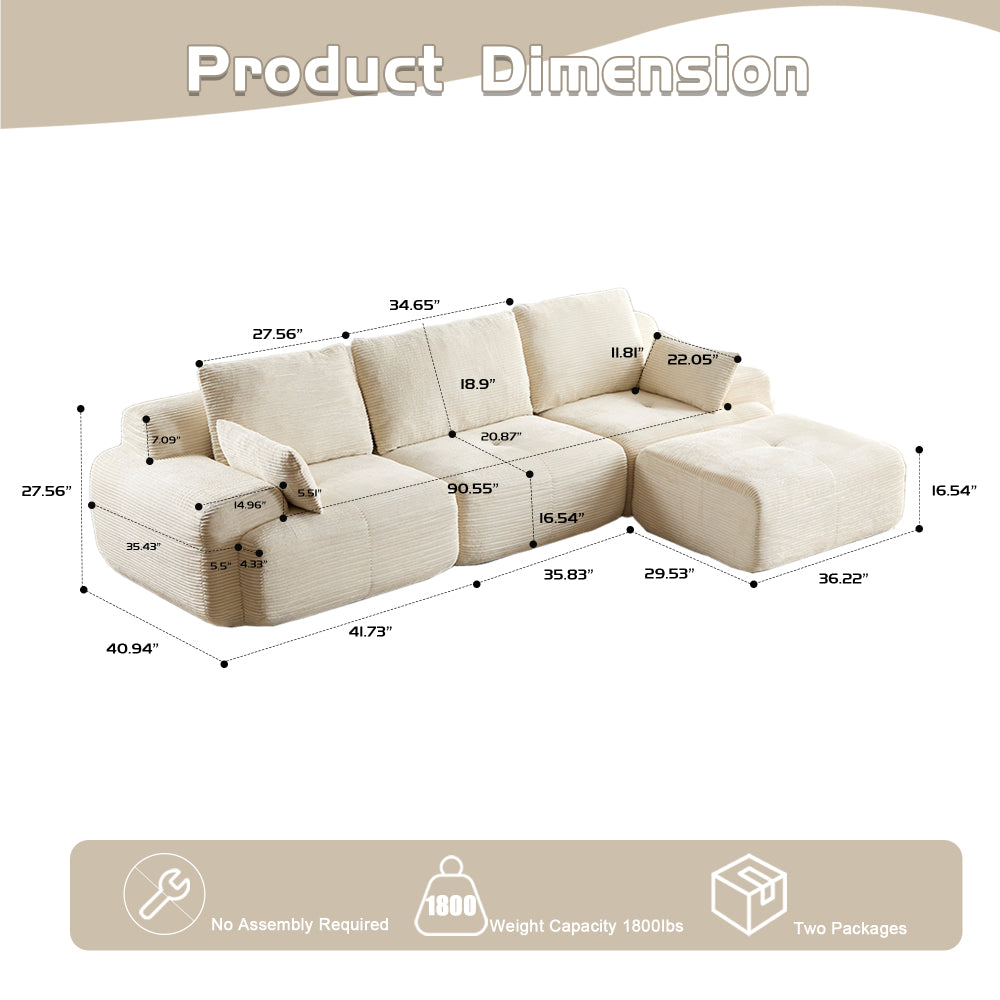 Modern Memory Foam Cloud Sofa | Extra Deep Corduroy Sectional Couch | Customizable Modular Combination | High-Resilience Foam + Bolster Pillows | No Assembly Required | Living Room, Apartment, Bedroom | White/Black — 2 Seat & 3 Seat