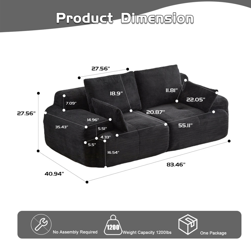 Modern Memory Foam Cloud Sofa | Extra Deep Corduroy Sectional Couch | Customizable Modular Combination | High-Resilience Foam + Bolster Pillows | No Assembly Required | Living Room, Apartment, Bedroom | White/Black — 2 Seat & 3 Seat