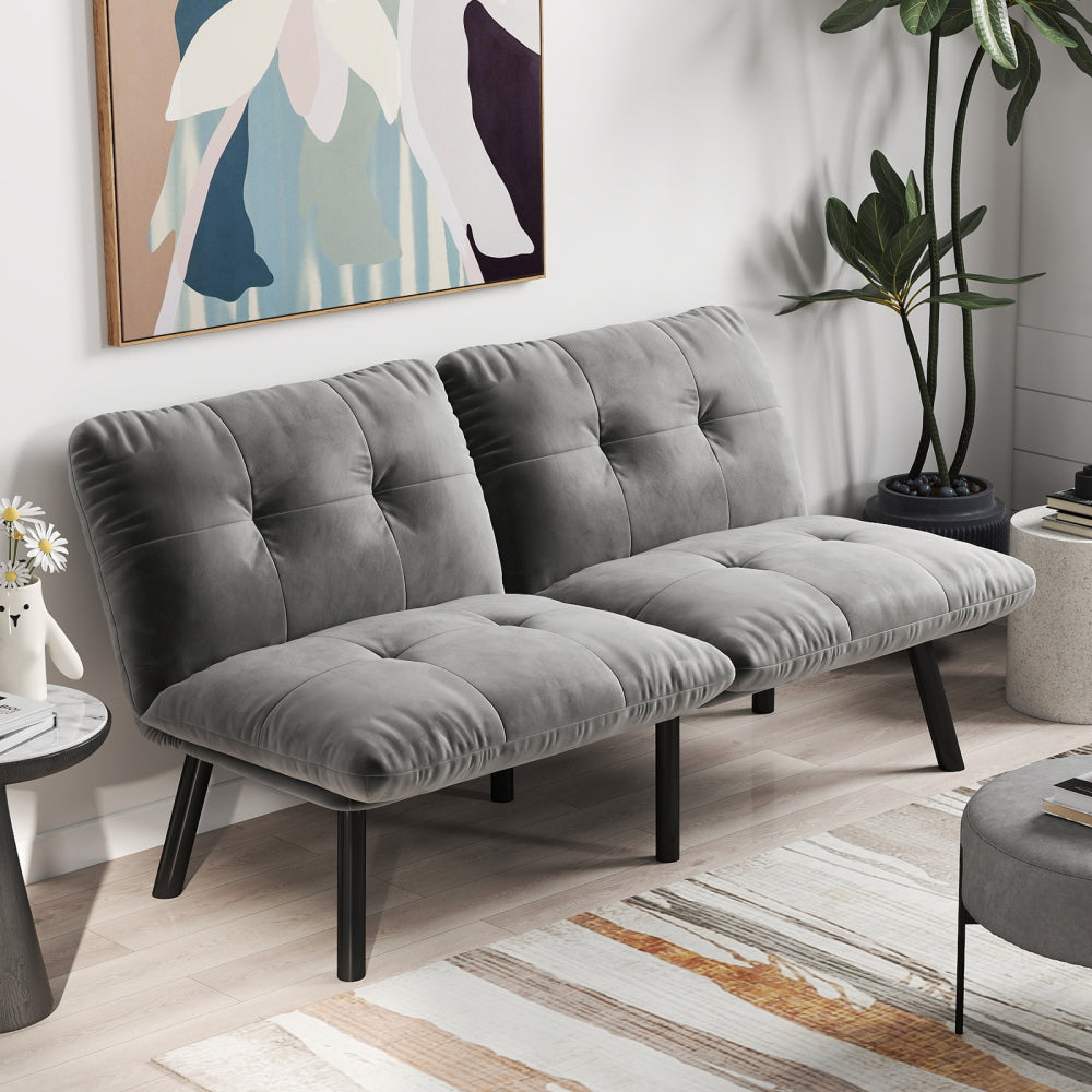 63" Convertible Folding Sofa Bed | 2-Seat Velvet Upholstered Couch | Adjustable Multi-Angle Backrest | Sofa, Lounger & Twin Bed | Metal Frame | 800 lbs Capacity | Easy Assembly | Living Room, Apartment | Cream/Aqua Gray/Brown