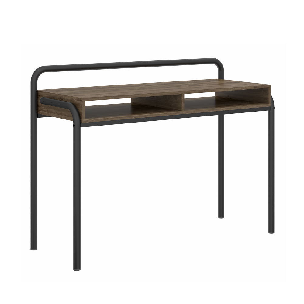 45.8" Modern Classic Writing Desk | Woodgrain Walnut MDF Top | Powder-Coated Steel Frame | 2 Under-Desk Open Shelves | Industrial Style | Part of Allure Collection | Home Office, Study Room | Walnut