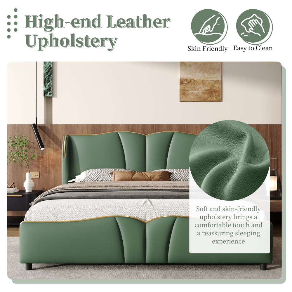 Queen Size PU Leather Wingback Platform Bed | Wave-Shaped Headboard & Footboard | 46.5" Tall Headboard | High-Resilience Sponge Fill | 800 lbs Wood Slats | No Box Spring Needed | Dark Green / Black / Antique Blue