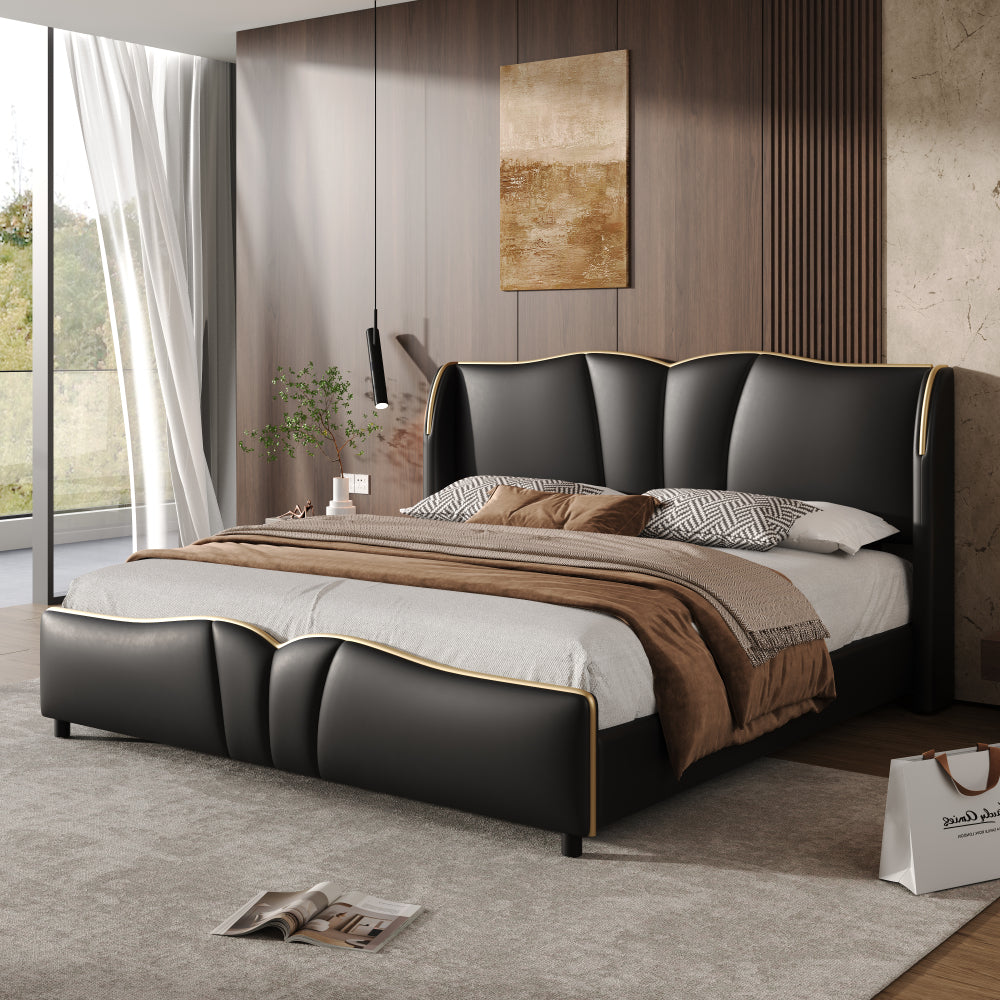 Queen Size PU Leather Wingback Platform Bed | Wave-Shaped Headboard & Footboard | 46.5" Tall Headboard | High-Resilience Sponge Fill | 800 lbs Wood Slats | No Box Spring Needed | Dark Green / Black / Antique Blue