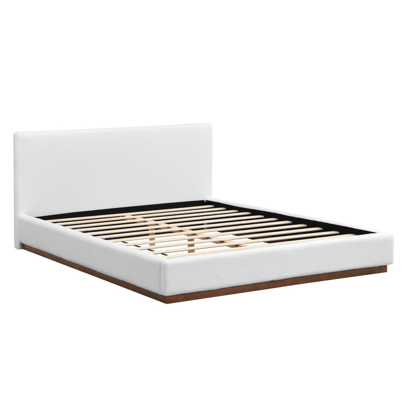 Queen/King Size White Boucle Upholstered Platform Bed | Wood Grain Textured Brown Solid Wood Base | 11 Slats + 4 Legs | 800 lbs | No Box Spring Needed | 2-Person Easy Assembly | White