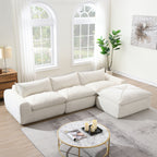 116" Fully Compressed 4-Seat Chenille Sectional Sofa | Integrated Backrest & Seat Cushion | Free Movement Ottoman | Decorative Edging | Legless Low-Profile Design | No Assembly Required | Living Room, Apartment | Brown/White/Green/Orange