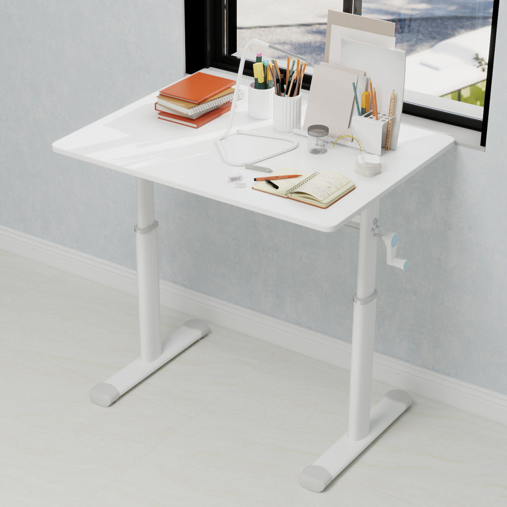 Height-Adjustable Standing Desk — 39" Manual Crank Sit-Stand Desk for Kids & Adults | Ergonomic Home Office Study Table | Sturdy Dual-Column Frame | No Electricity Needed | Compact Minimalist Design | White
