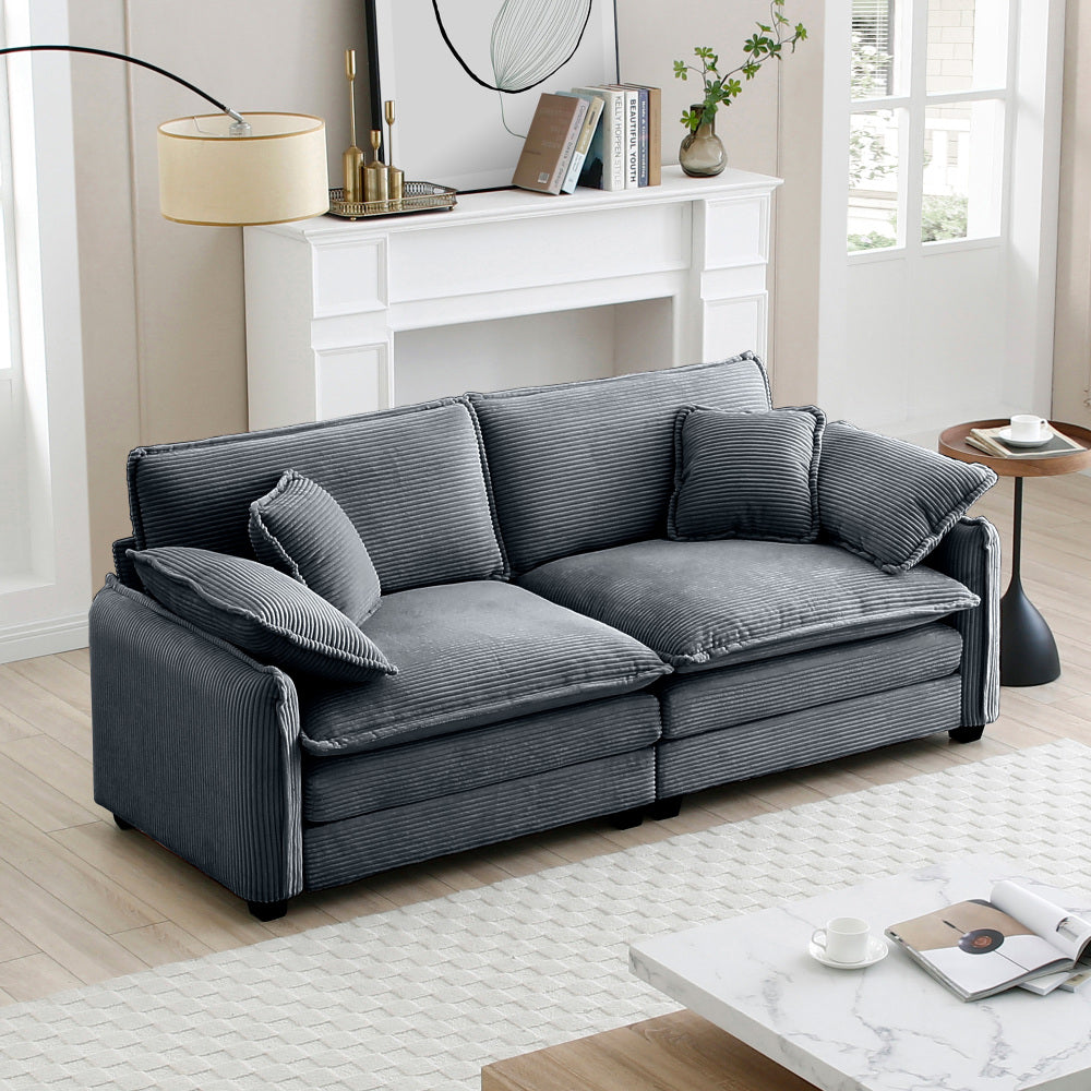 Large Deep-Seat 2-Seat Corduroy Sofa | Fashion-Retro Blend Design | Double-Layer Memory Foam Cushions | Removable Armrests + 4 Throw Pillows | Cloud-Like Comfort | Living Room, Bedroom, Flat | Beige/Tan/Green/Gray