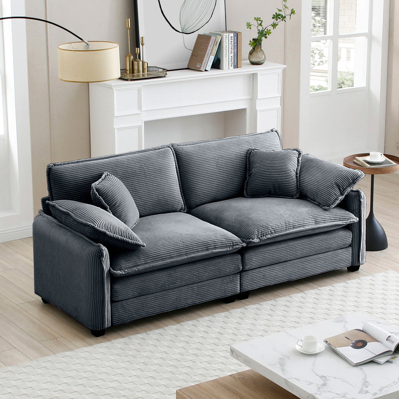 Large Deep-Seat 2-Seat Corduroy Sofa | Fashion-Retro Blend Design | Double-Layer Memory Foam Cushions | Removable Armrests + 4 Throw Pillows | Cloud-Like Comfort | Living Room, Bedroom, Flat | Beige/Tan/Green/Gray