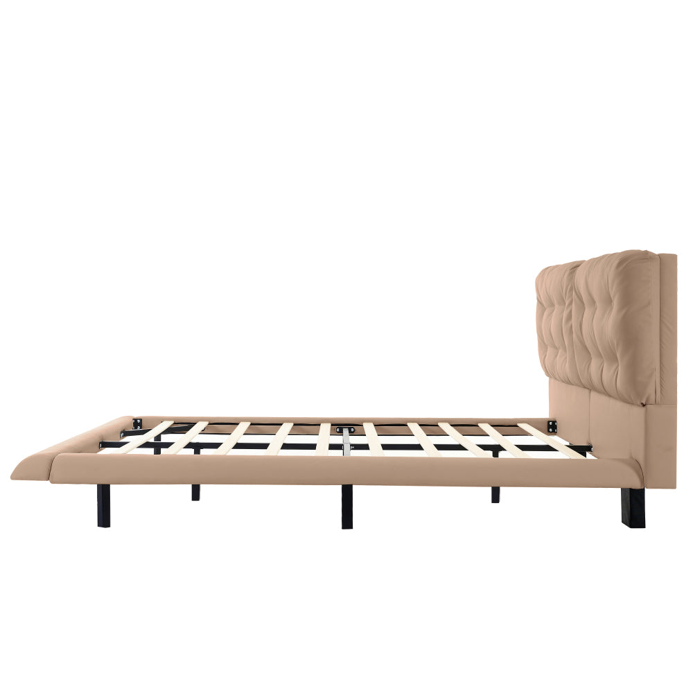 Queen Size PU Leather Floating Platform Bed | Button Tufted Segmented Headboard | Remote-Controlled LED Light Strip 6 Colors | 800 lbs | Hidden Leg Design | No Box Spring Needed | Pink / White / Khaki