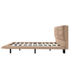 Queen Size PU Leather Floating Platform Bed | Button Tufted Segmented Headboard | Remote-Controlled LED Light Strip 6 Colors | 800 lbs | Hidden Leg Design | No Box Spring Needed | Pink / White / Khaki