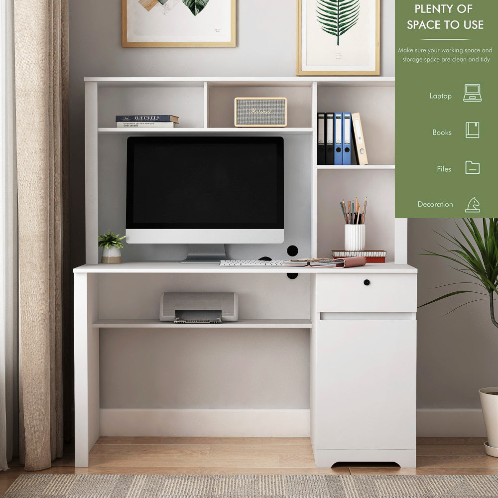 Computer Desk with Hutch & Bookshelf — 51" Wood Executive Desk with Drawers | 3 AC Outlets & 2 USB Charging Ports | Lockable Drawer | Monitor Stand & Storage Shelves | Home Office, Student, Teen Study Desk | White/Black