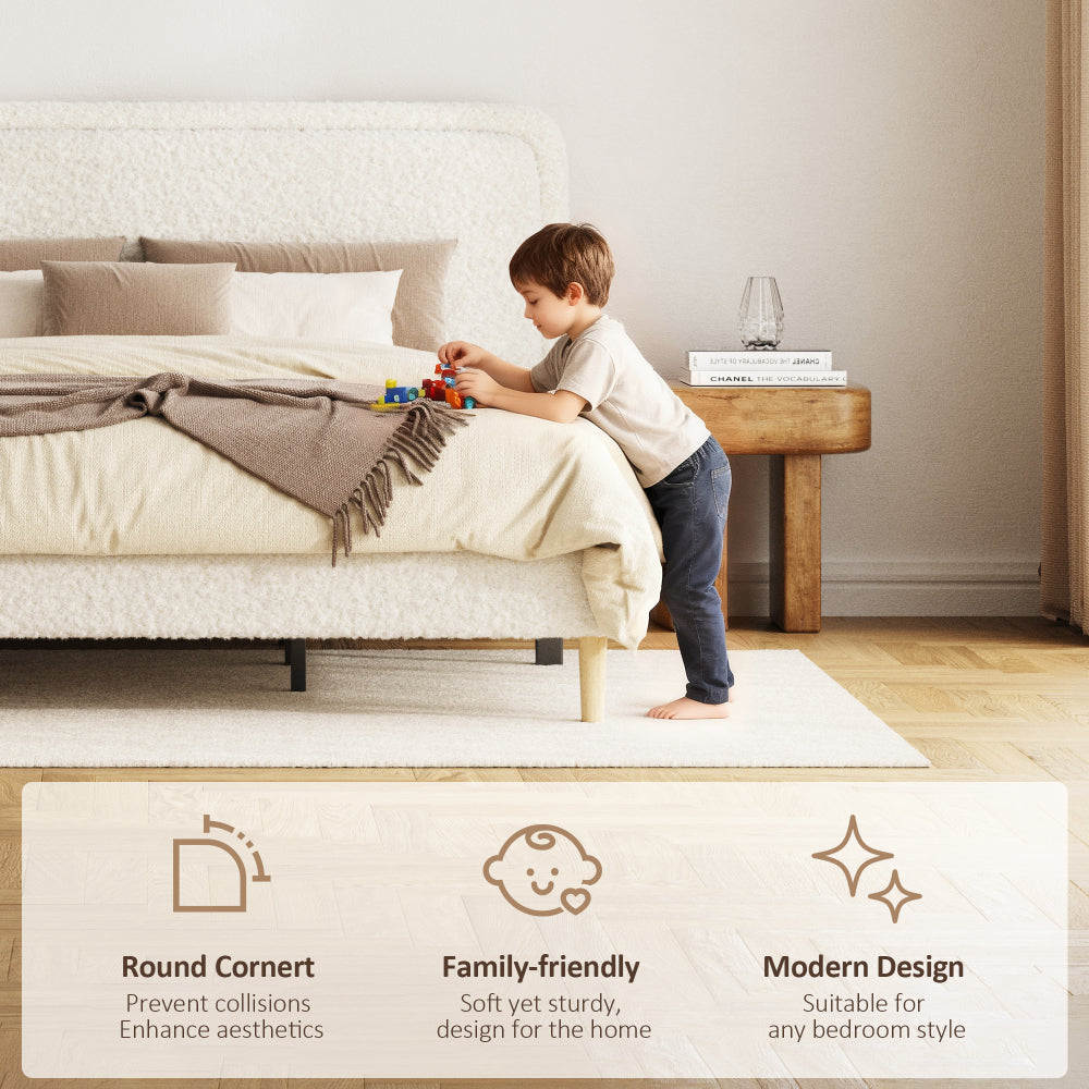 Full/Queen/King Size Teddy Bear Plush Platform Bed | 3-Level Adjustable Headboard | EVA Silent Slats | Heavy Duty Metal Frame | No Box Spring | Easy Assembly | Beige