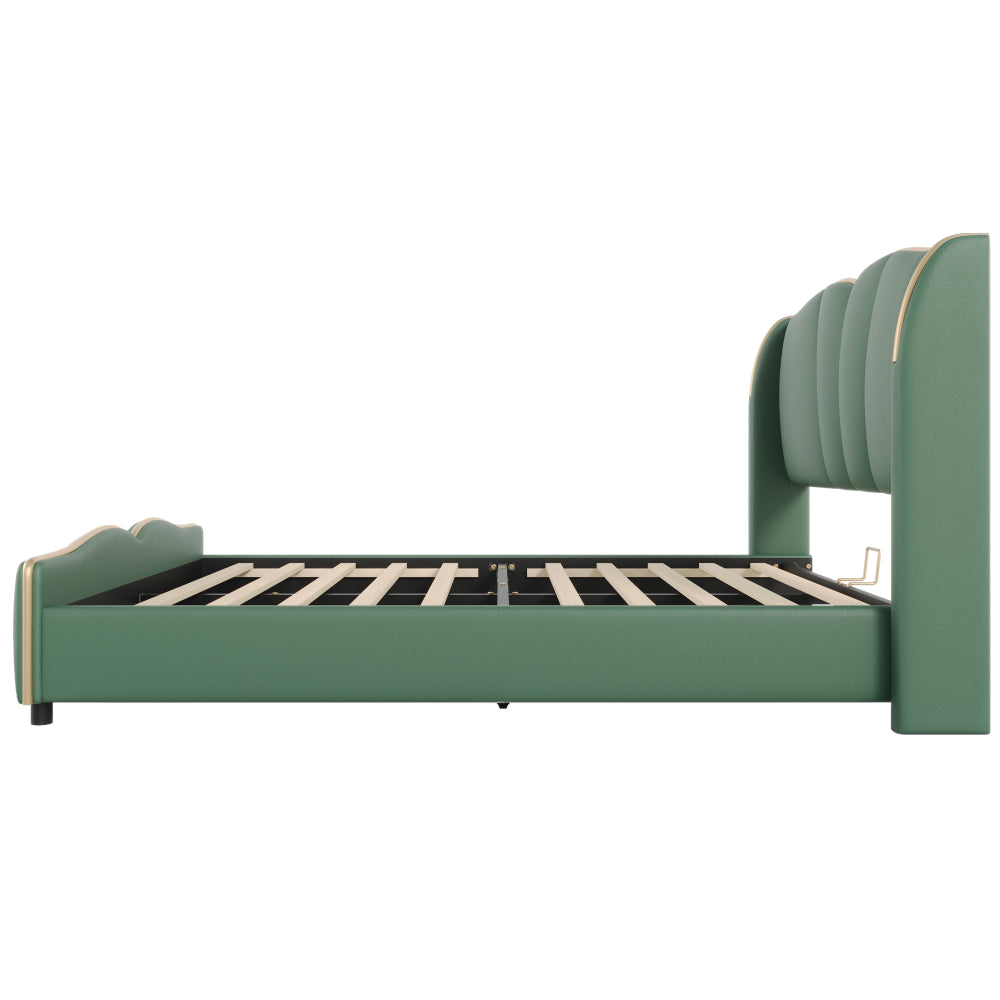 Queen Size PU Leather Wingback Platform Bed | Wave-Shaped Headboard & Footboard | 46.5" Tall Headboard | High-Resilience Sponge Fill | 800 lbs Wood Slats | No Box Spring Needed | Dark Green / Black / Antique Blue