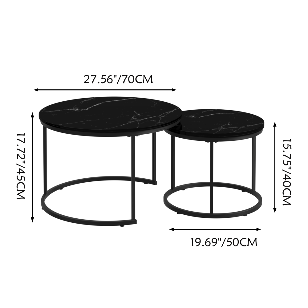 27.6" Nesting Coffee Table Set of 2 | Round Marble Pattern Wood Top | Sturdy Metal Frame | Space-Saving Stackable Design | Living Room, Bedroom, Balcony, Yard | Black/White/Brown