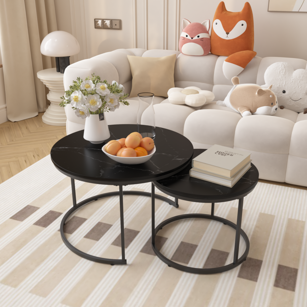 27.6" Nesting Coffee Table Set of 2 | Round Marble Pattern Wood Top | Sturdy Metal Frame | Space-Saving Stackable Design | Living Room, Bedroom, Balcony, Yard | Black/White/Brown