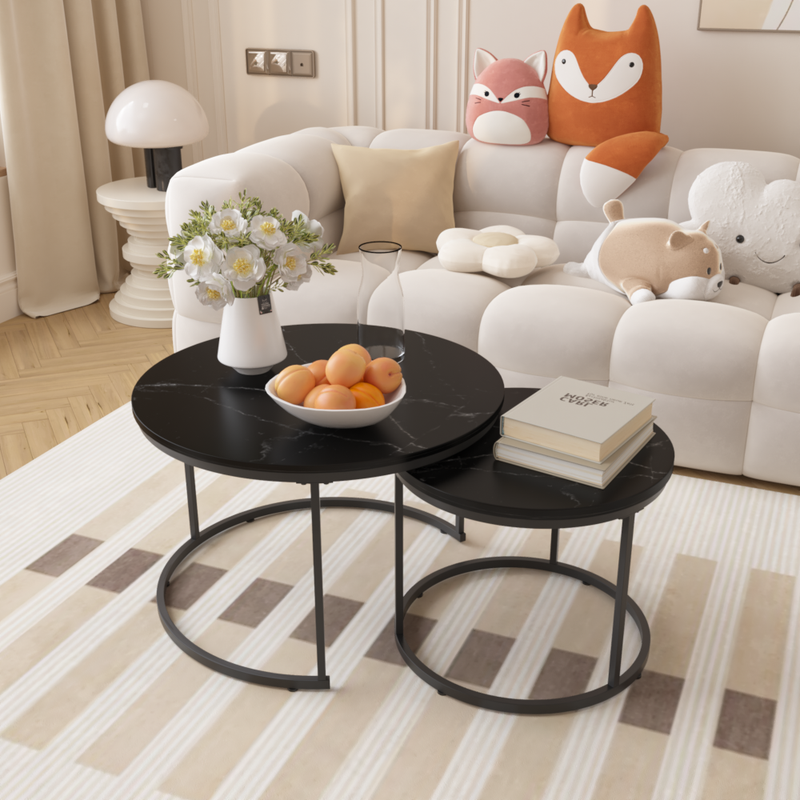 27.6" Nesting Coffee Table Set of 2 | Round Marble Pattern Wood Top | Sturdy Metal Frame | Space-Saving Stackable Design | Living Room, Bedroom, Balcony, Yard | Black/White/Brown