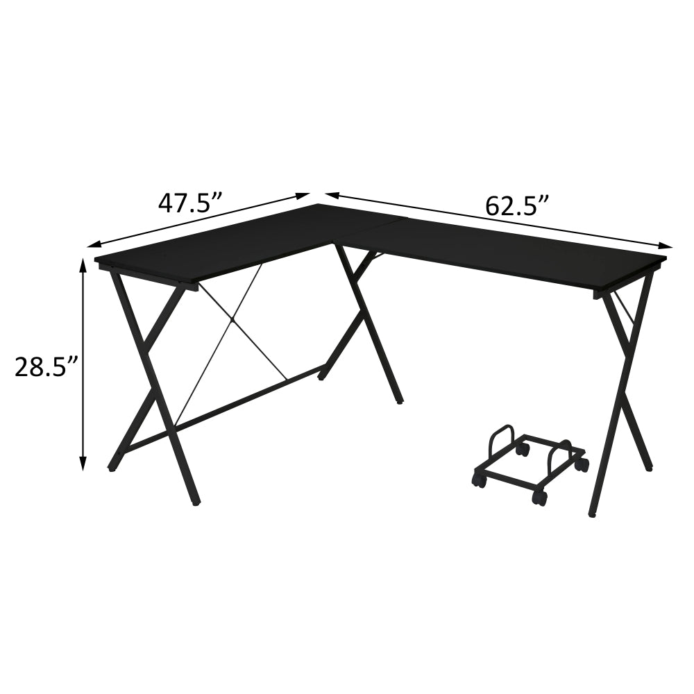 62.5" L-Shaped Computer Desk with CPU Holder | Corner Home Office Desk | Two Spacious Surfaces | X-Shape Metal Frame Base | 4-Wheel Rolling CPU Stand | Small Space, Home Office, Bedroom | Black/White