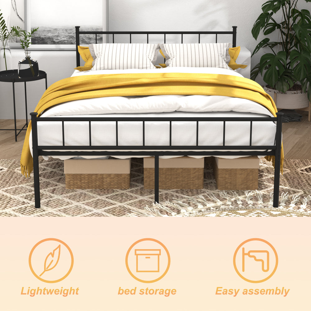 Full/Queen Size Metal Platform Bed Frame | Classic Spindle Headboard & Footboard | Reinforced Sturdy Structure | Ample Under-Bed Storage | No Box Spring Needed | Black