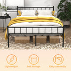 Full/Queen Size Metal Platform Bed Frame | Classic Spindle Headboard & Footboard | Reinforced Sturdy Structure | Ample Under-Bed Storage | No Box Spring Needed | Black