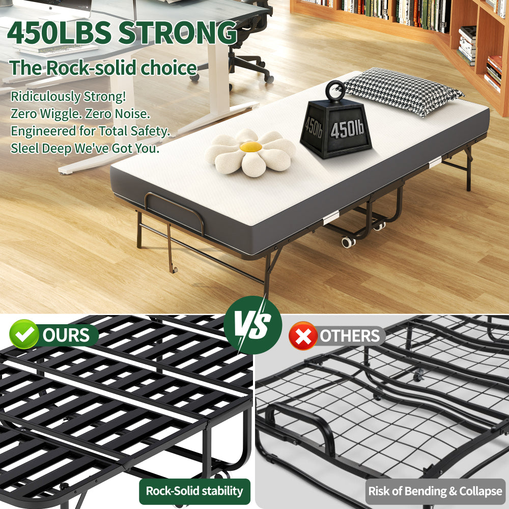 Extra Long Folding Bed for Tall People, Heavy-Duty 450lbs Capacity Rollaway Guest Bed with 5" Memory Foam Mattress