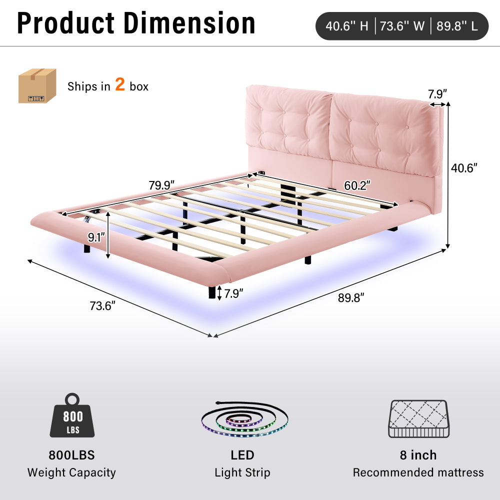 Queen Size PU Leather Floating Platform Bed | Button Tufted Segmented Headboard | Remote-Controlled LED Light Strip 6 Colors | 800 lbs | Hidden Leg Design | No Box Spring Needed | Pink / White / Khaki