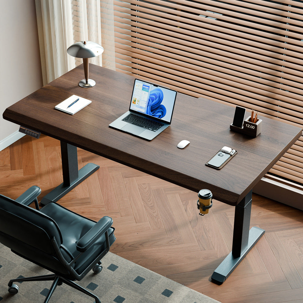 47" Solid Rubberwood Electric Standing Desk | Single Motor Height Adjustment | Sit-Stand Ergonomic Home Office Desk | Scratch-Resistant Natural Wood Top | Stable 2-Tier Steel Legs | Easy Assembly | Home Office, Living Room, Study | Walnut