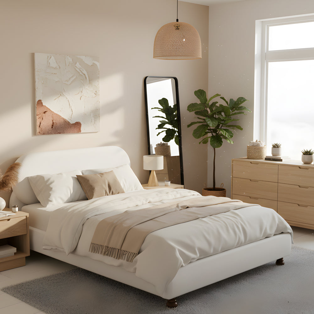 Queen/King Size Cream Boucle Upholstered Platform Bed | Smooth Curved Design | Gourd-Shaped Rubberwood Legs | 800 lbs Heavy Duty | No Box Spring Needed | 30-40 Min Assembly | White/Cream