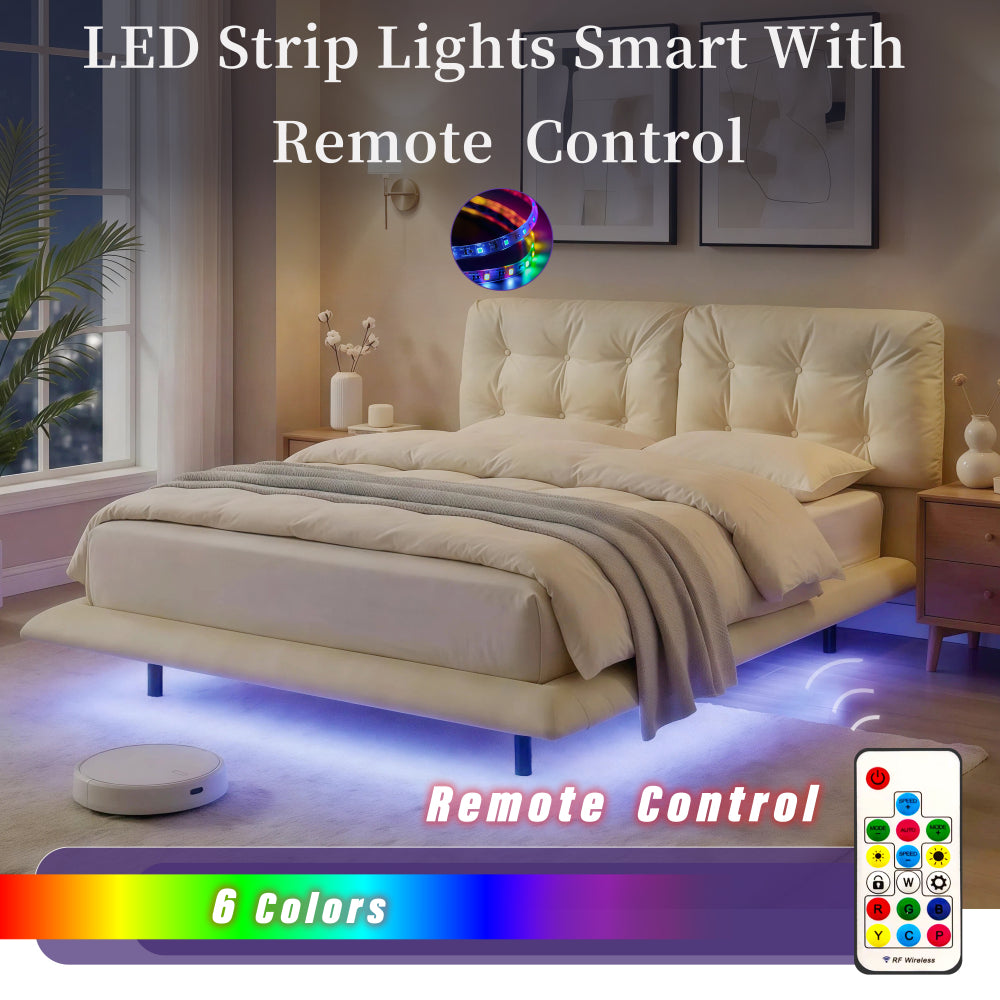 Queen Size PU Leather Floating Platform Bed | Button Tufted Segmented Headboard | Remote-Controlled LED Light Strip 6 Colors | 800 lbs | Hidden Leg Design | No Box Spring Needed | Pink / White / Khaki