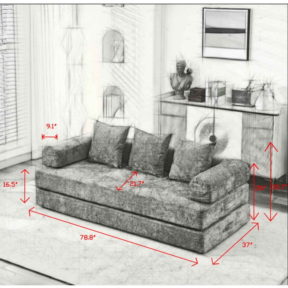 78.8" Convertible Folding Floor Sofa Bed | Chenille Couch with Foldable Armrests | Sponge + Spring Support | 3-Tiered Space-Saving Design | Free Pillows Included | Anti-Slip Base | No Assembly | Living Room, Bedroom, Studio | Green/Beige/Blue/Gray/Or