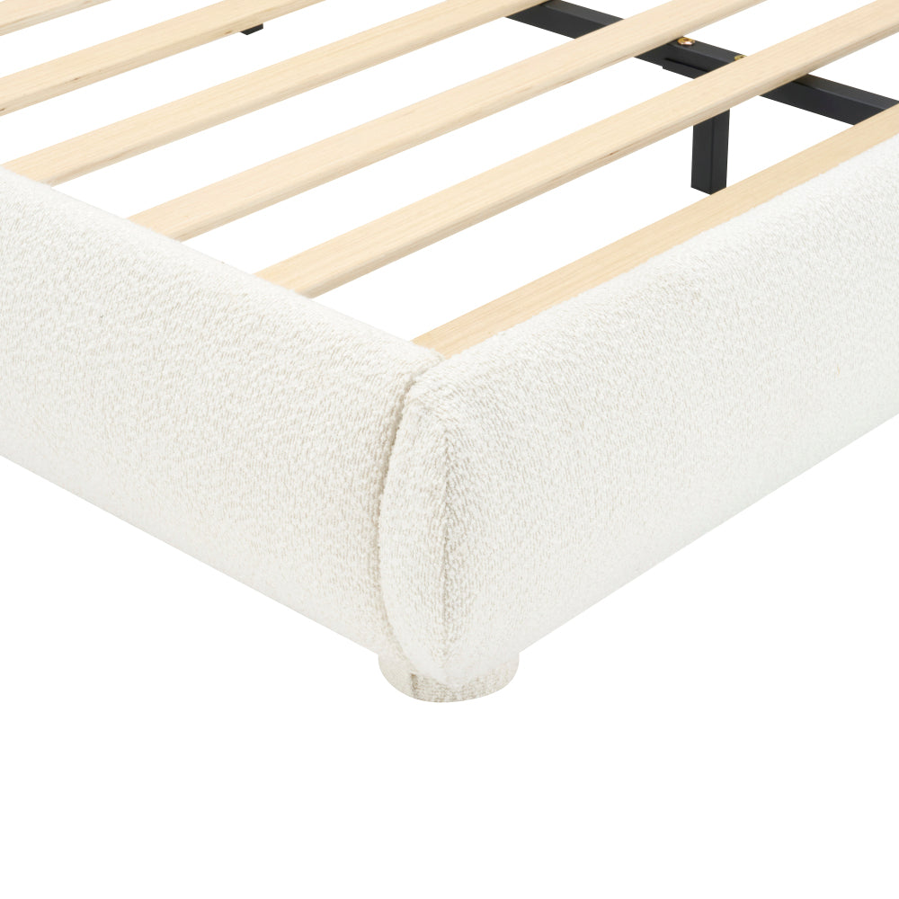 Queen/King Size Boucle Upholstered Platform Bed | Curved Ergonomic Headboard | Granular Fabric Texture | 800 lbs Heavy Duty | No Box Spring Needed | 40-Min Assembly | Cream / Green