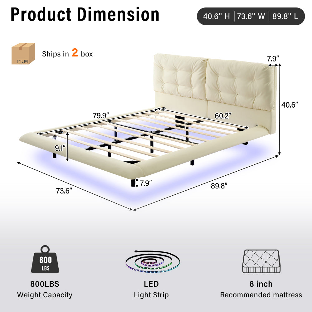 Queen Size PU Leather Floating Platform Bed | Button Tufted Segmented Headboard | Remote-Controlled LED Light Strip 6 Colors | 800 lbs | Hidden Leg Design | No Box Spring Needed | Pink / White / Khaki