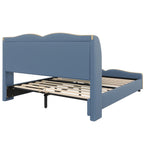 Queen Size PU Leather Wingback Platform Bed | Wave-Shaped Headboard & Footboard | 46.5" Tall Headboard | High-Resilience Sponge Fill | 800 lbs Wood Slats | No Box Spring Needed | Dark Green / Black / Antique Blue