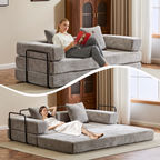 3-Seat Convertible Floor Sofa Bed | Foldable Armrest & Backrest | Premium Chenille + Memory Foam | Pillow Back Support | No Assembly Required | Multi-Occasion | Light Gray/Dark Gray/Dark Green/Baby Blue/Orange