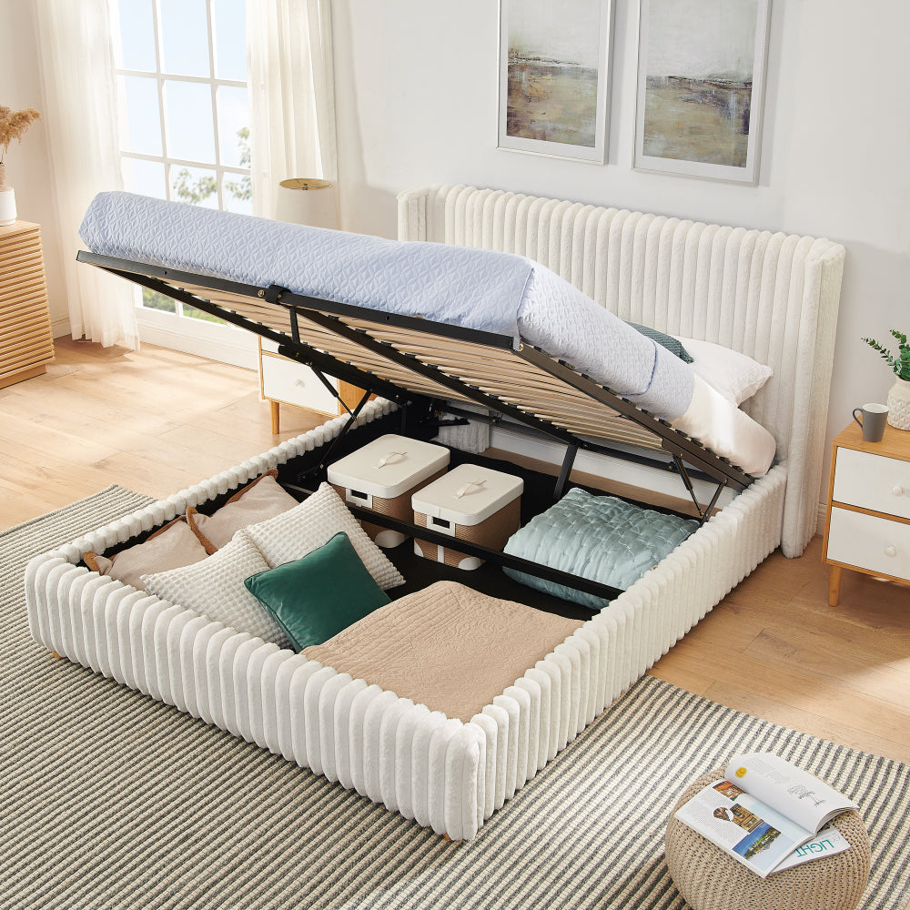 Queen/King Size Gas Lift Storage Bed | Vertical Striped Rabbit Fur Upholstered | Hydraulic Under-Bed Storage | 500 lbs | Eucalyptus Wood Frame | Silent Mechanism | Easy Assembly | Beige